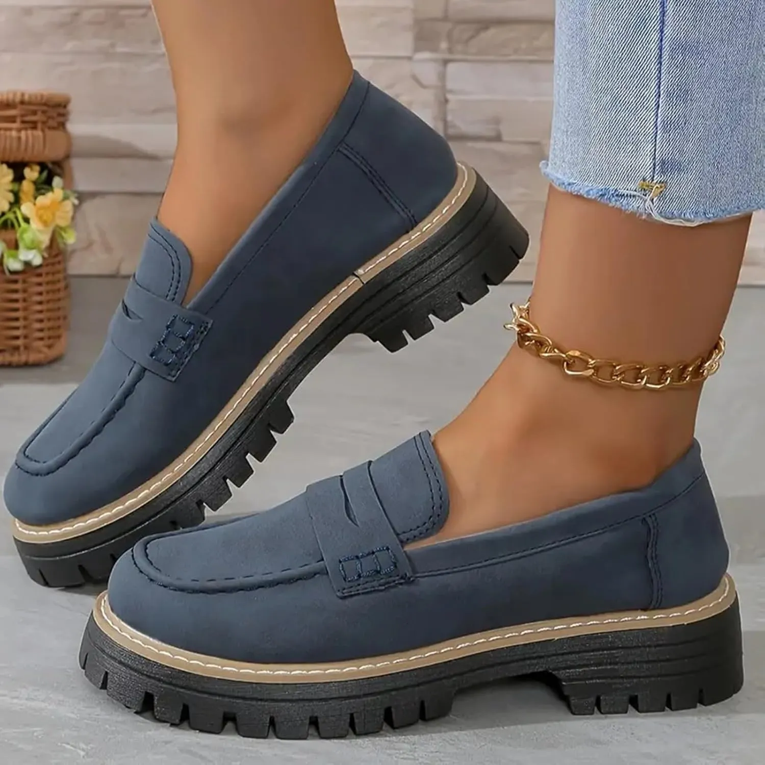 Platform Loafers for Women 2025,Women Platform Loafer,Business Casual Shoes Women,Work Shoes Women Business Casual,Suede Penny Loafers Lug Sole Slip-Ons Shoes Women Penny Loafers