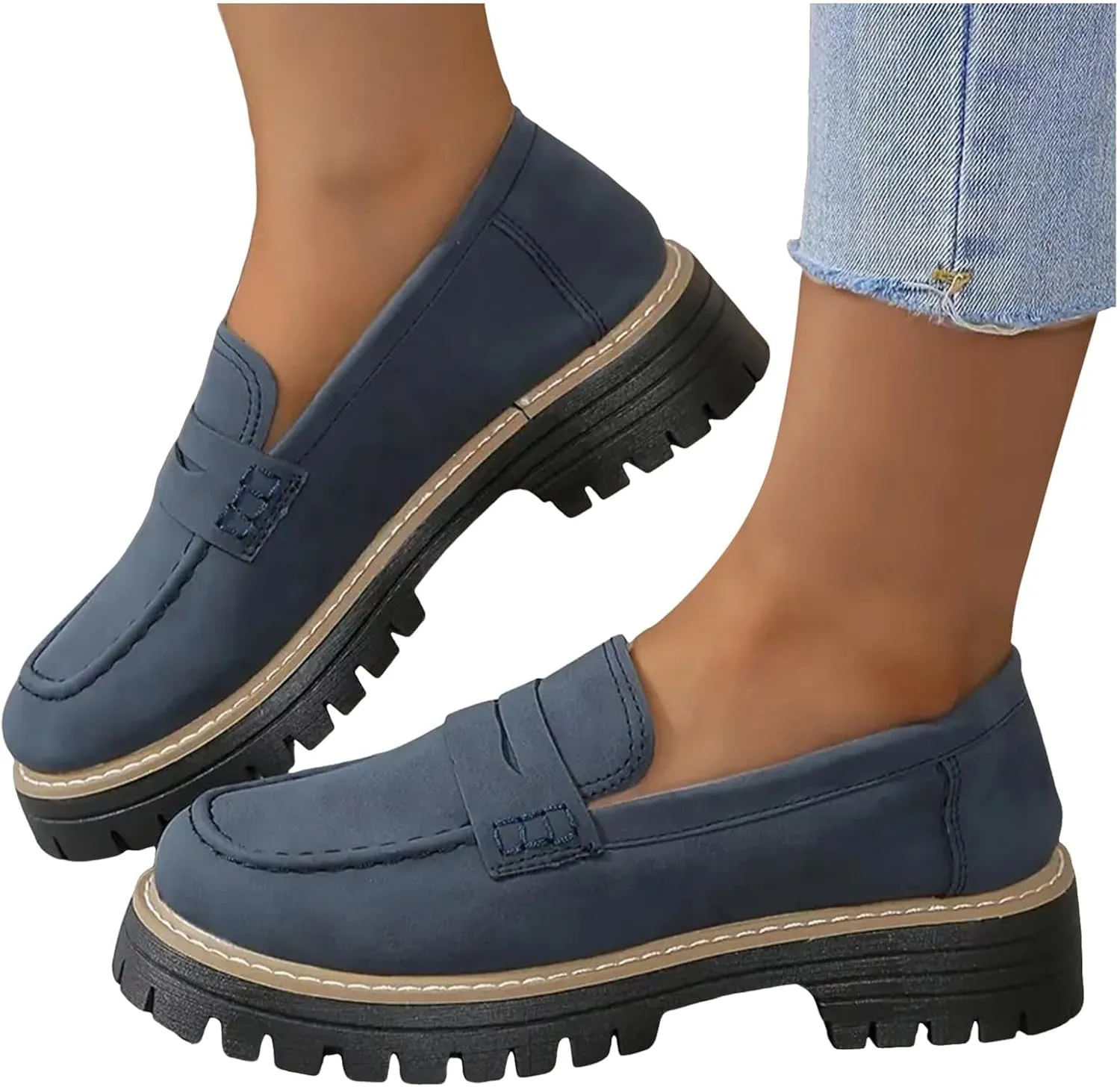 Platform Loafers for Women 2025,Women Platform Loafer,Business Casual Shoes Women,Work Shoes Women Business Casual,Suede Penny Loafers Lug Sole Slip-Ons Shoes Women Penny Loafers