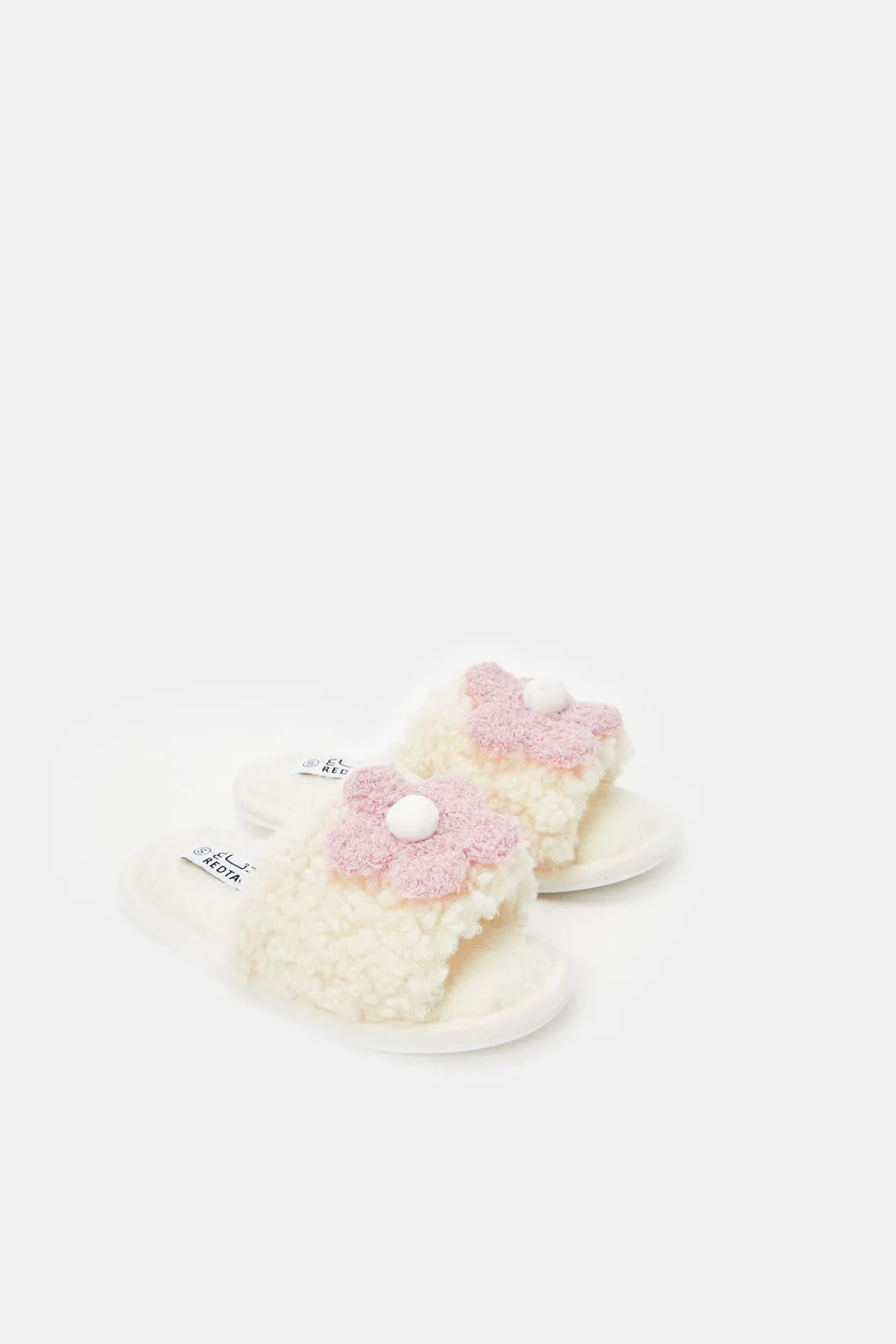 Senior Girls Cream Floral Slippers