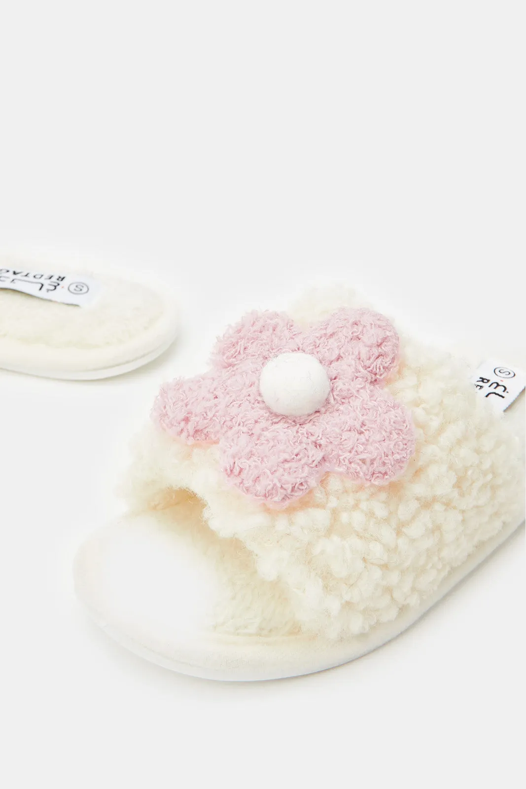 Senior Girls Cream Floral Slippers