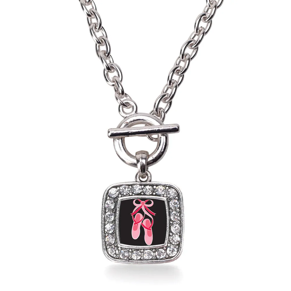 Silver Ballerina Slippers Square Charm Toggle Necklace