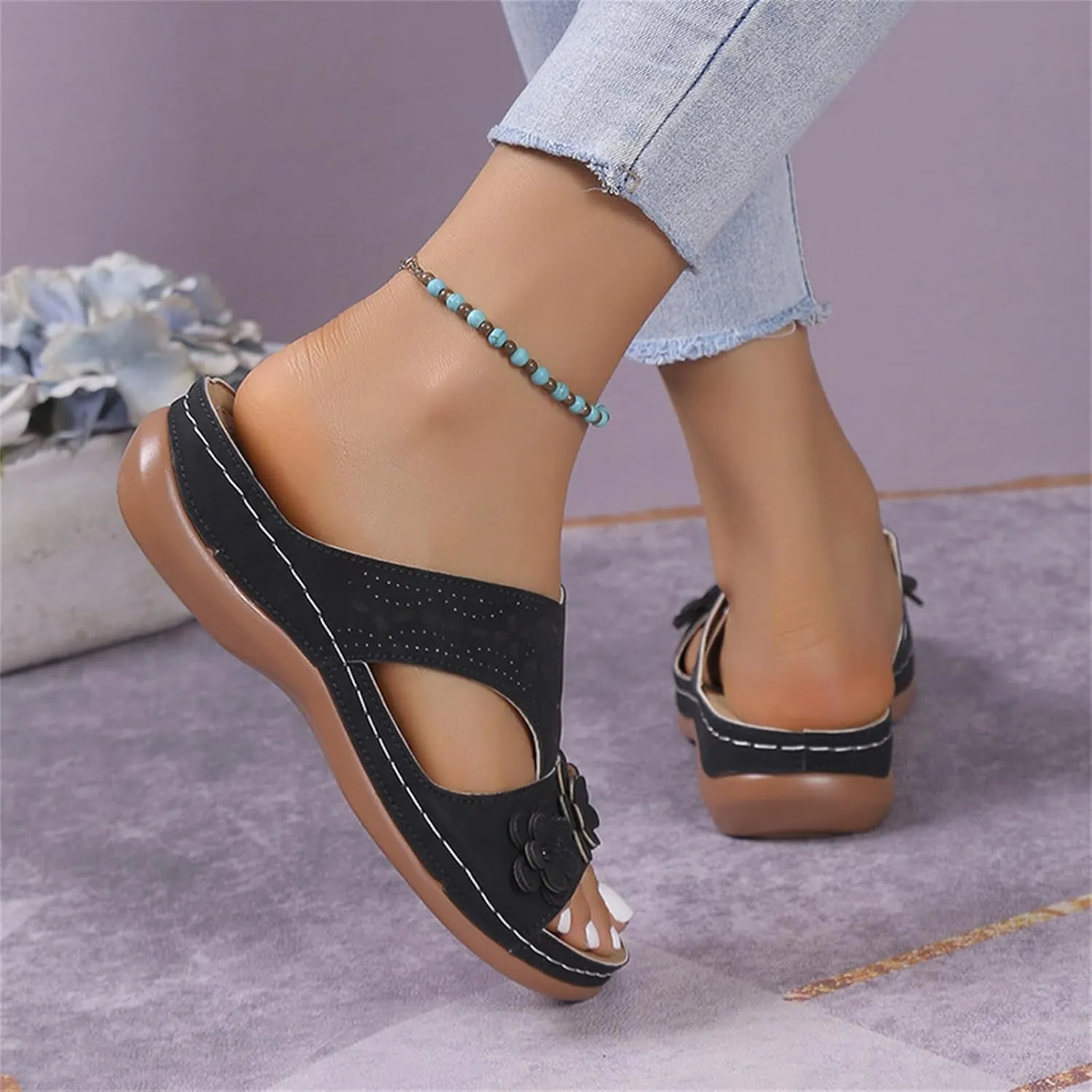 Summer Platform Wedge Sandals for Women Comfortable Flower Orthopedic Beach Sandals Womens Dressy Walking Hiking Platform Shoes