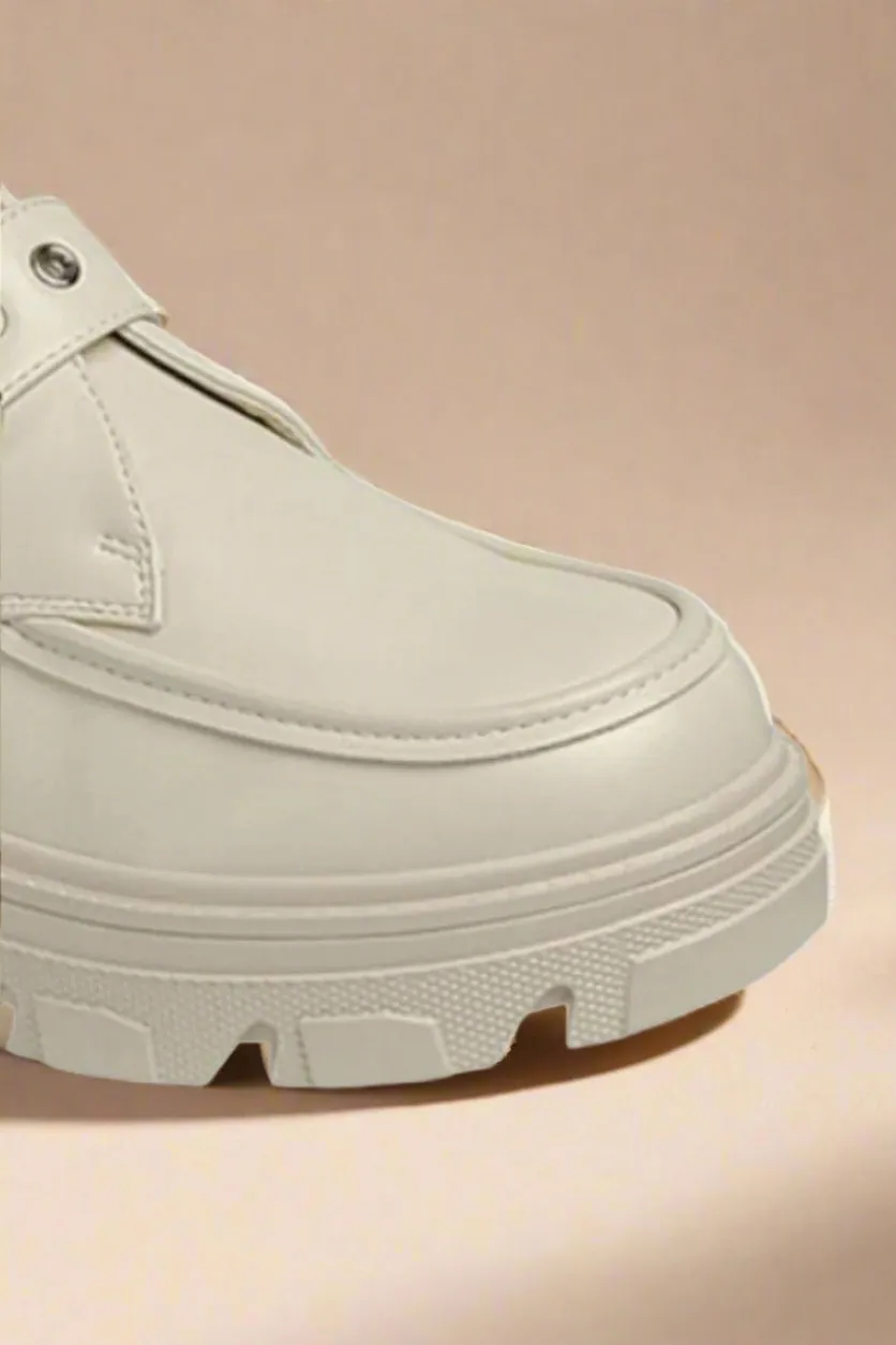 Vegan Leather Buckled Platform Lug Sole Loafers in Bone