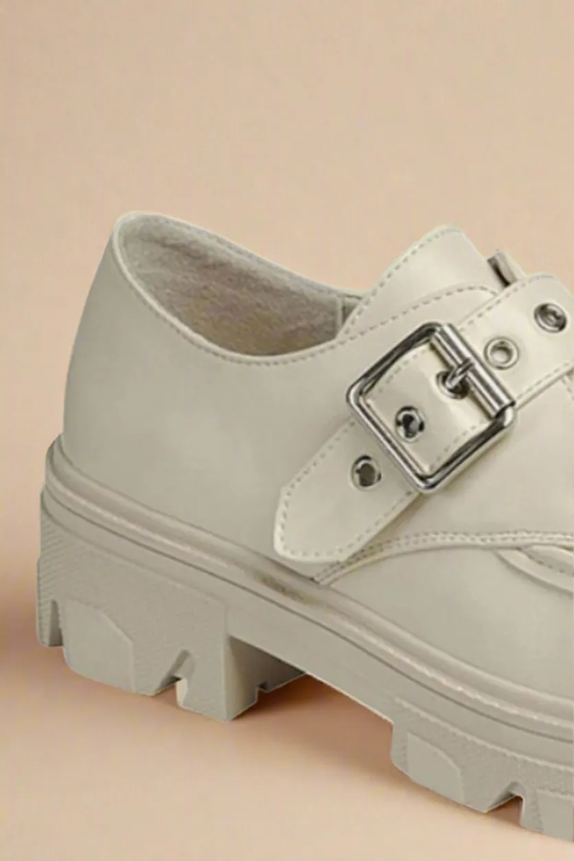 Vegan Leather Buckled Platform Lug Sole Loafers in Bone