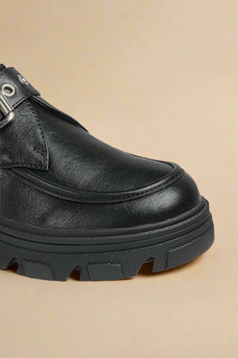 Vegan Leather Buckled Platform Lug Sole Loafers in Charcoal