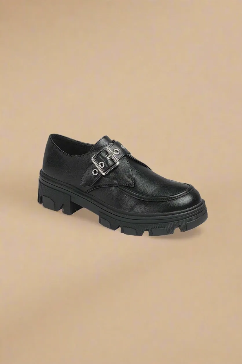 Vegan Leather Buckled Platform Lug Sole Loafers in Charcoal