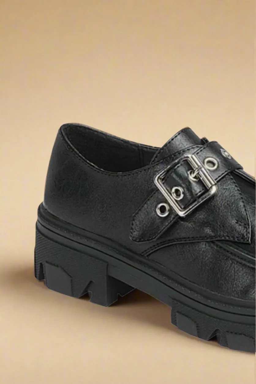 Vegan Leather Buckled Platform Lug Sole Loafers in Charcoal