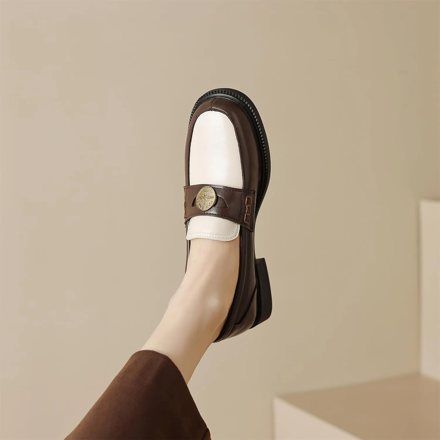 Women's Platform Coins Round Closed Toe Pump Loafers Vintage Slip-On Chunky Low Heel Office Metallic Penny Work Casual Fashion Business Dress Shoes All Weather Daily Wear Flats