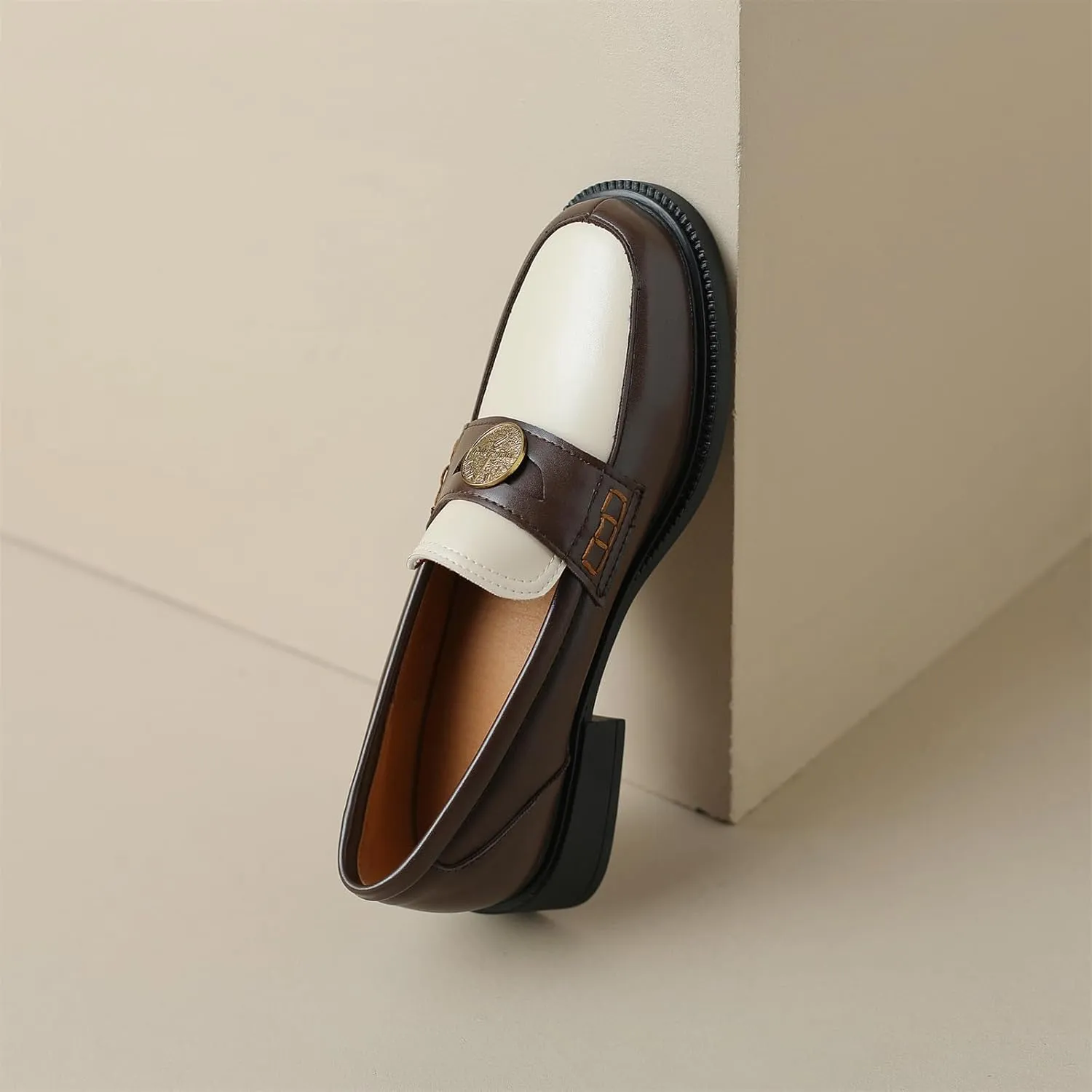 Women's Platform Coins Round Closed Toe Pump Loafers Vintage Slip-On Chunky Low Heel Office Metallic Penny Work Casual Fashion Business Dress Shoes All Weather Daily Wear Flats