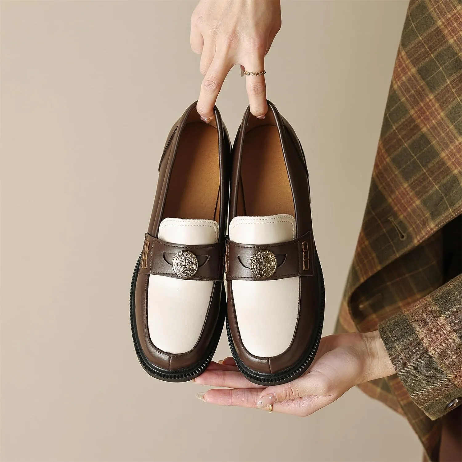 Women's Platform Coins Round Closed Toe Pump Loafers Vintage Slip-On Chunky Low Heel Office Metallic Penny Work Casual Fashion Business Dress Shoes All Weather Daily Wear Flats