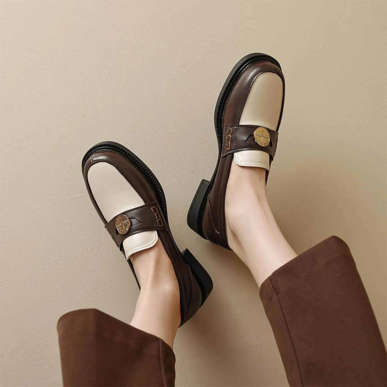 Women's Platform Coins Round Closed Toe Pump Loafers Vintage Slip-On Chunky Low Heel Office Metallic Penny Work Casual Fashion Business Dress Shoes All Weather Daily Wear Flats