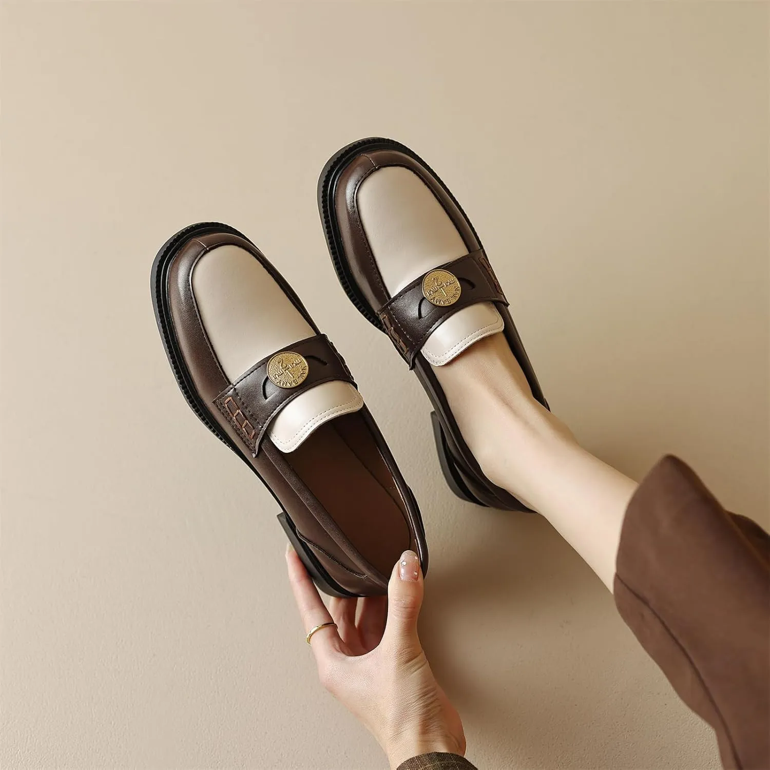 Women's Platform Coins Round Closed Toe Pump Loafers Vintage Slip-On Chunky Low Heel Office Metallic Penny Work Casual Fashion Business Dress Shoes All Weather Daily Wear Flats