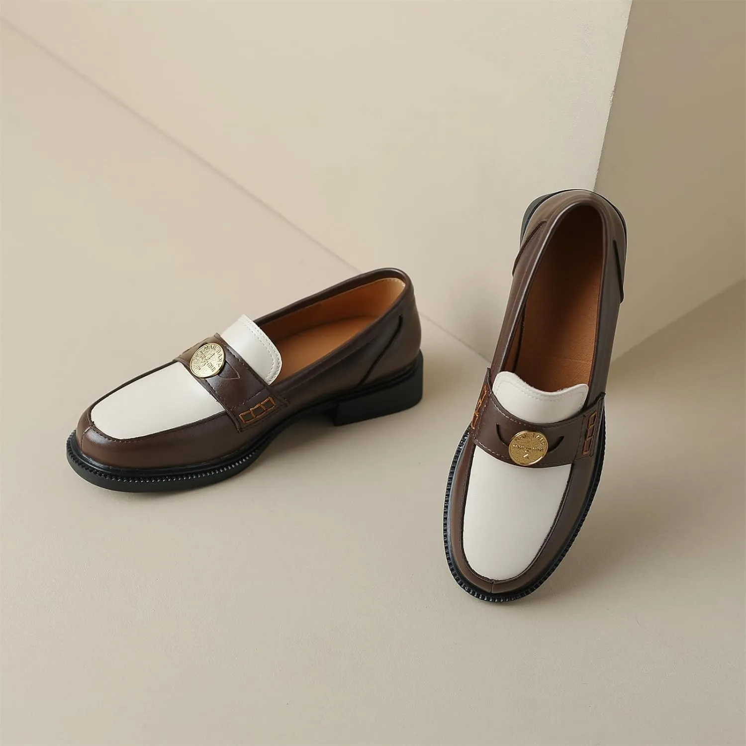Women's Platform Coins Round Closed Toe Pump Loafers Vintage Slip-On Chunky Low Heel Office Metallic Penny Work Casual Fashion Business Dress Shoes All Weather Daily Wear Flats