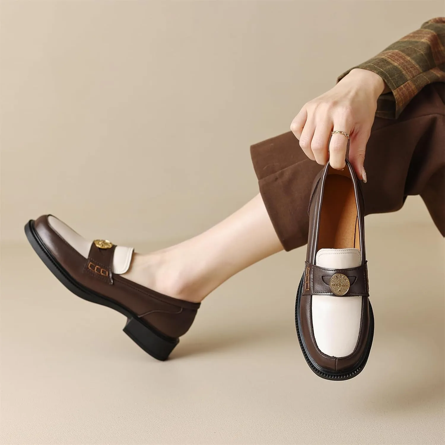 Women's Platform Coins Round Closed Toe Pump Loafers Vintage Slip-On Chunky Low Heel Office Metallic Penny Work Casual Fashion Business Dress Shoes All Weather Daily Wear Flats