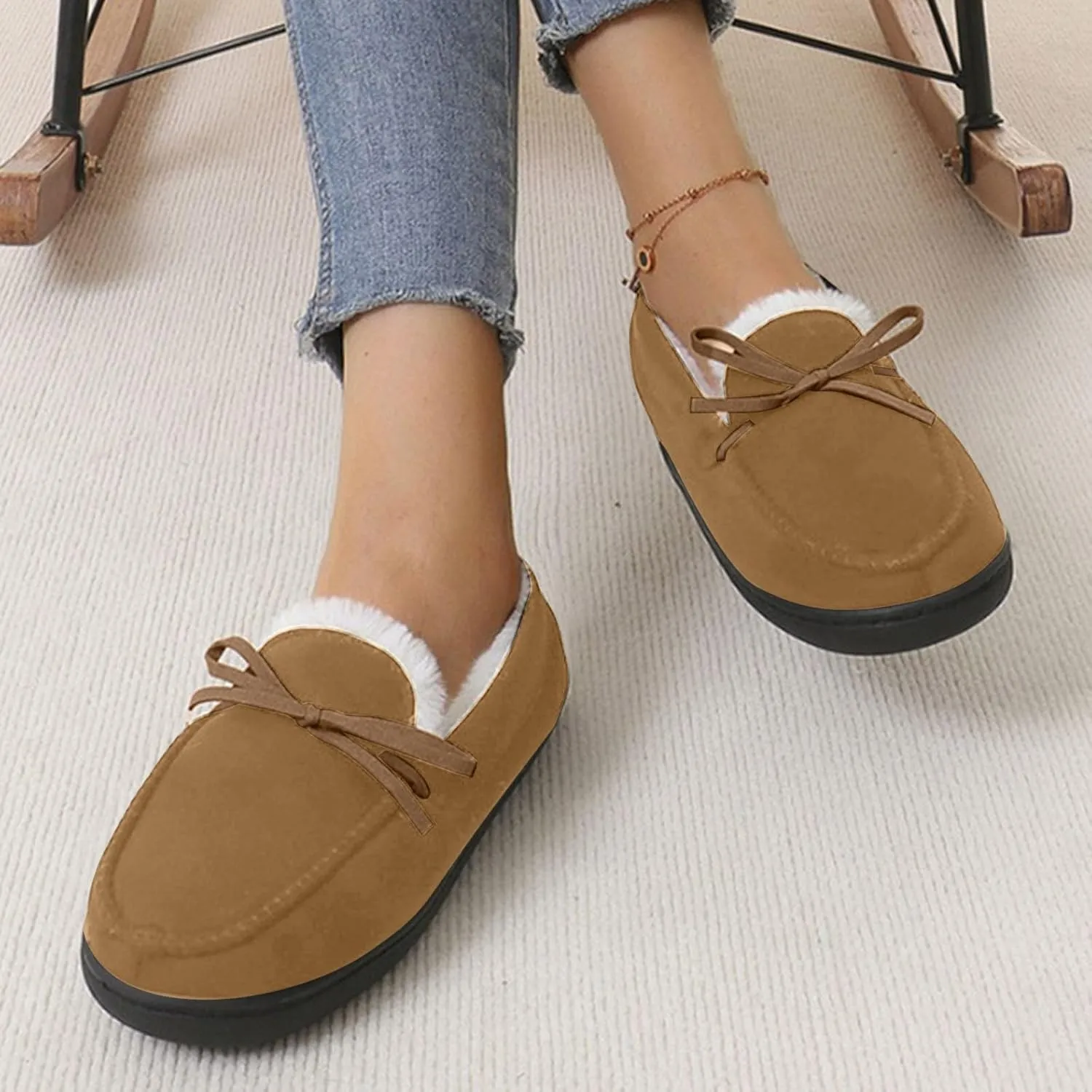 Women's Plush Slippers Fleece Lined Casual Shoes Bow Round Head Full Package Slippers Soft Flat Soled Shoes Comfy Warm