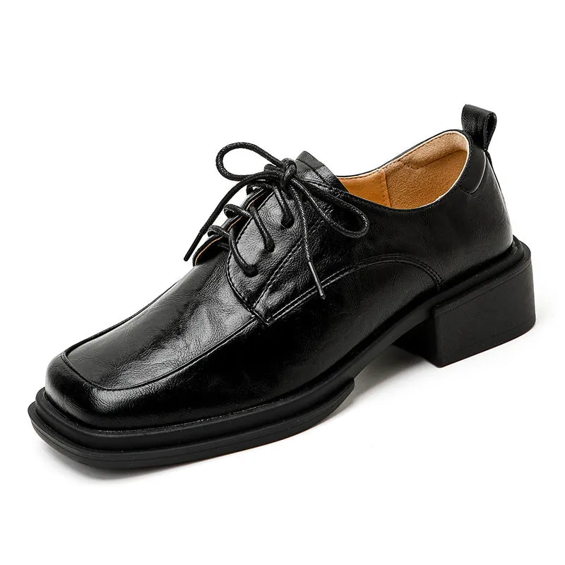 Women's Square Toe Leather Lace up Oxford Shoes