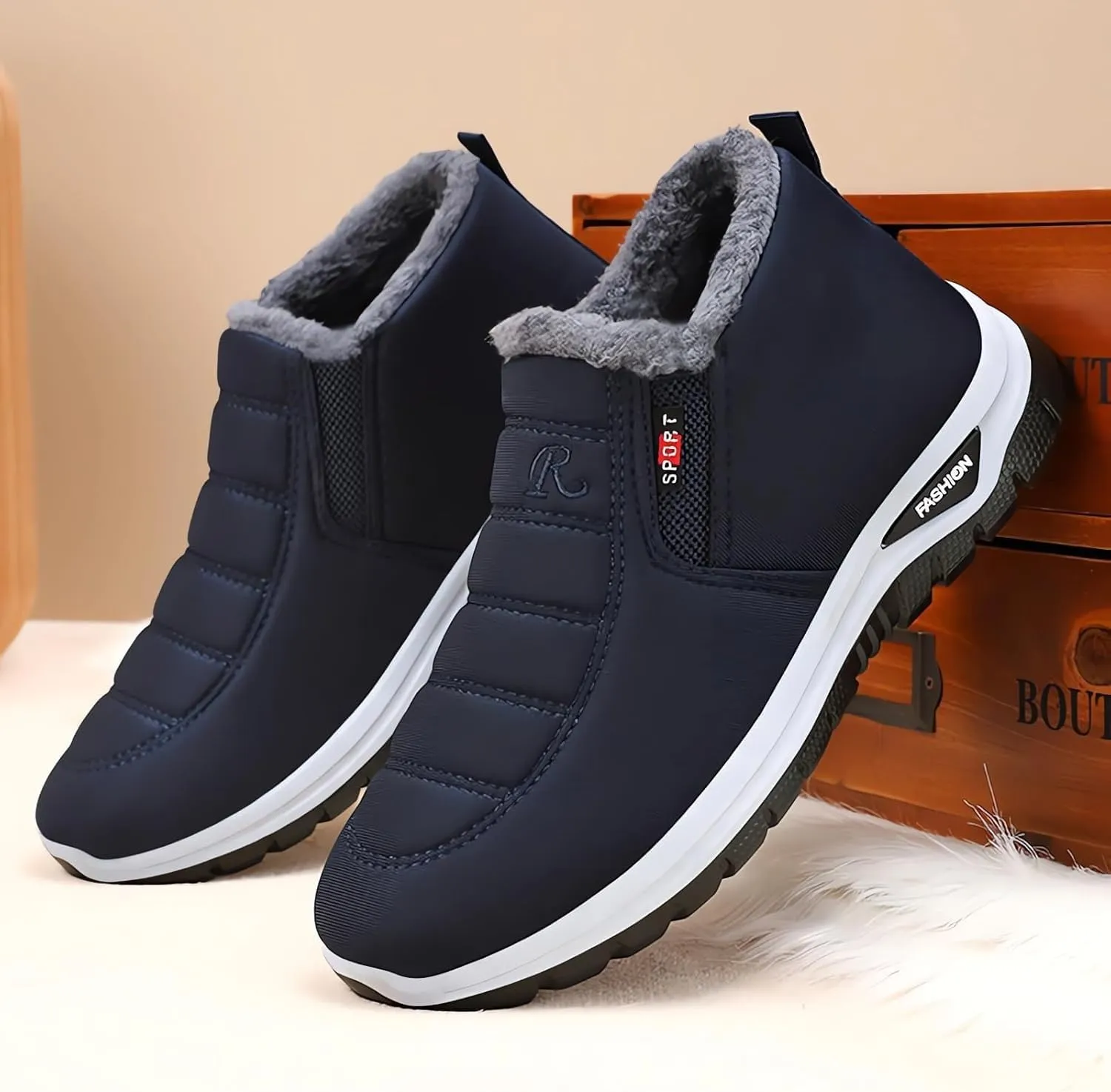 Women's Warm Sheepskin-Lined Boots, Man's Slip on Waterproof Short Snow Boots, Orthopedic Walking Wide Arch Support Shoes